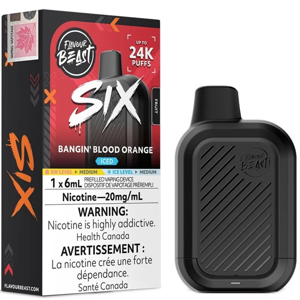 Flavour Beast Six 24k disposable vape device in Bangin' Blood Orange Iced flavor, showing its compact pocket-friendly design and mesh coil build.