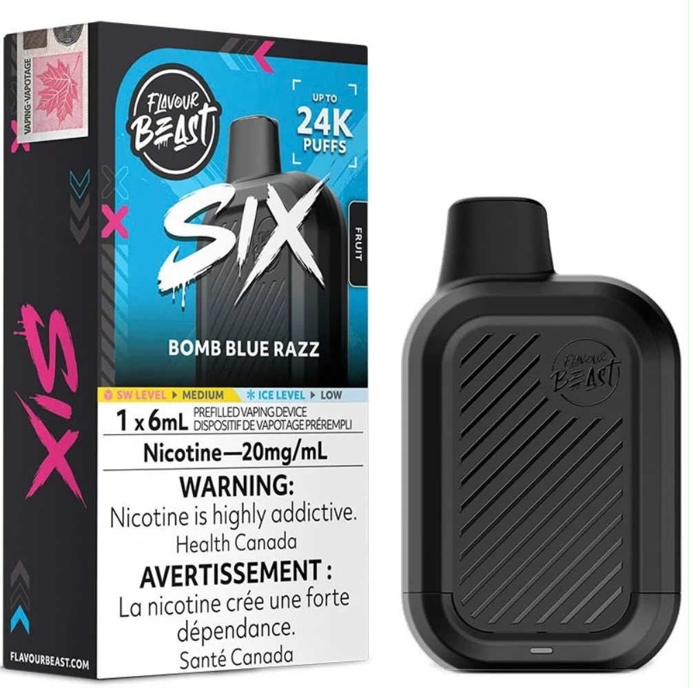 Flavour Beast Six 24k disposable vape device in Bomb Blue Razz flavor, a sweet and tangy blue raspberry blend featuring a compact pocket-friendly design and mesh coil.


