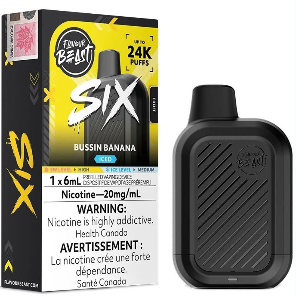 Flavour Beast Six 24k disposable vape device in Bussin Banana Iced flavour, a sweet and creamy ripe banana blend with a refreshing icy finish, featuring a compact design and mesh coil.