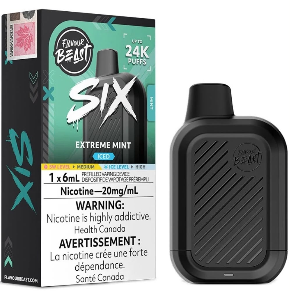 Flavour Beast Six 24k disposable vape device in Extreme Mint Iced flavour, an intense, crisp mint blend with a powerful extra-strong icy finish, featuring a compact design and mesh coil.