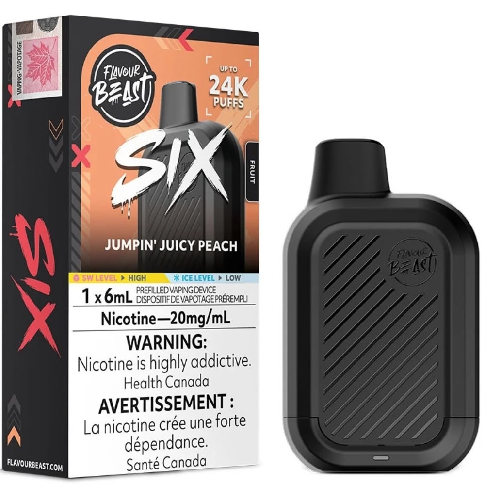 Flavour Beast Six 24k disposable vape device in Jumpin' Juicy Peach flavour, a clean and mellow sweet ripe peach blend with a smooth uniced finish, featuring a compact design and mesh coil