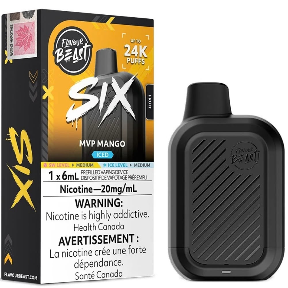 Flavour Beast Six 24k disposable vape device in MVP Mango Iced flavour, a rich and sweet tropical ripe mango blend with a refreshing icy finish, featuring a compact design and mesh coil.
