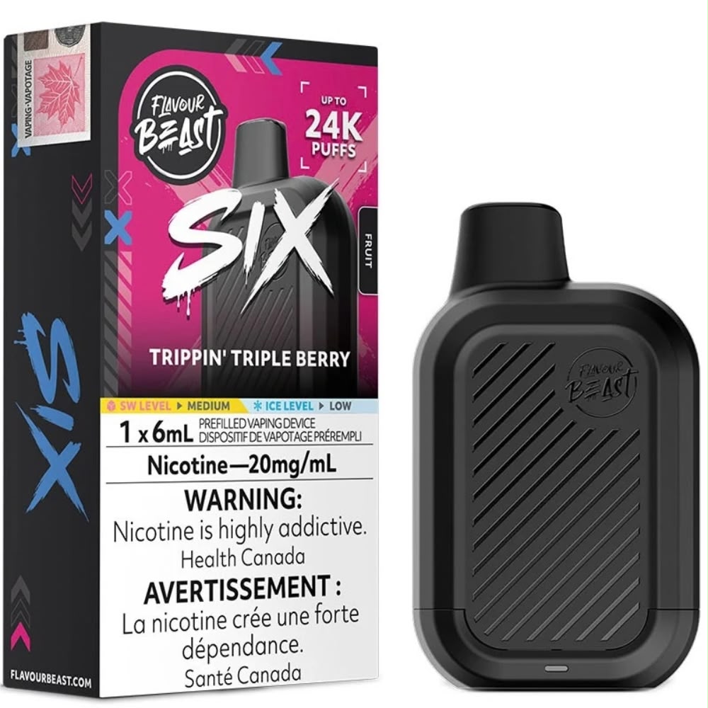 Flavour Beast Six 24k disposable vape device in Trippin' Triple Berry flavour, a sweet and layered blend of strawberry, blueberry, and pomegranate notes featuring a compact design and mesh coil.