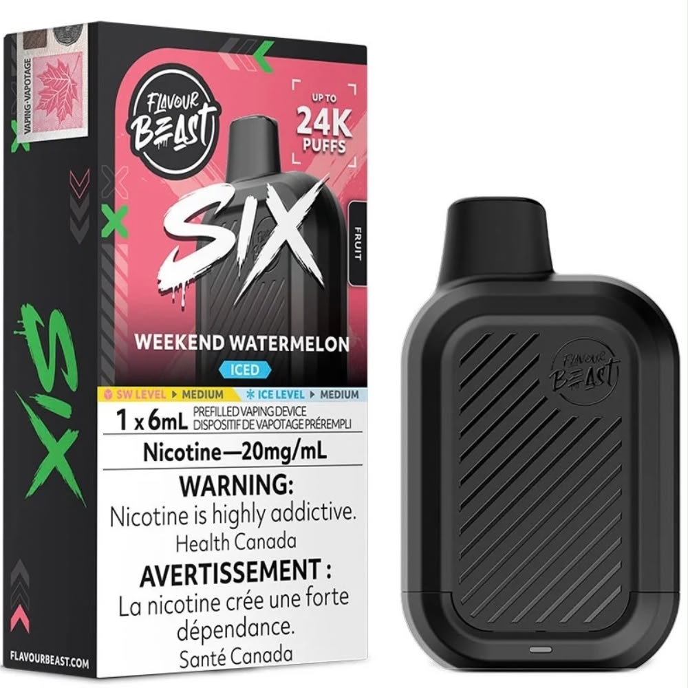 Flavour Beast Six 24k disposable vape device in Weekend Watermelon Iced flavour, a sweet and juicy watermelon fruit blend with a crisp, refreshing icy finish, featuring a compact design and mesh coil.